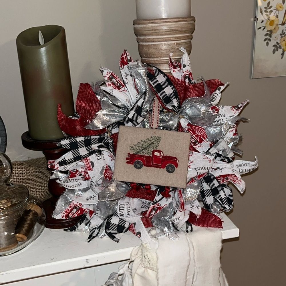 Handmade Christmas Pickup Truck Four Ribbon Twine Wreath Made on 8” Ring